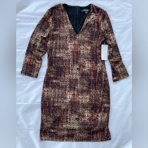 KAREN KANE WOMEN’S V-NECK JERSEY SHEATH MINI DRESS, SIZE M, NWT, BROWN, STRETCHY